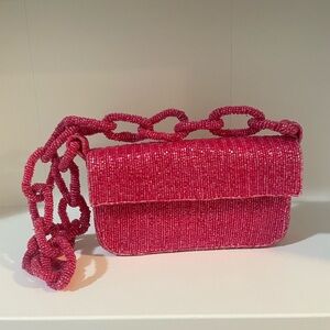 Pink Beaded Purse with Chain Strap
